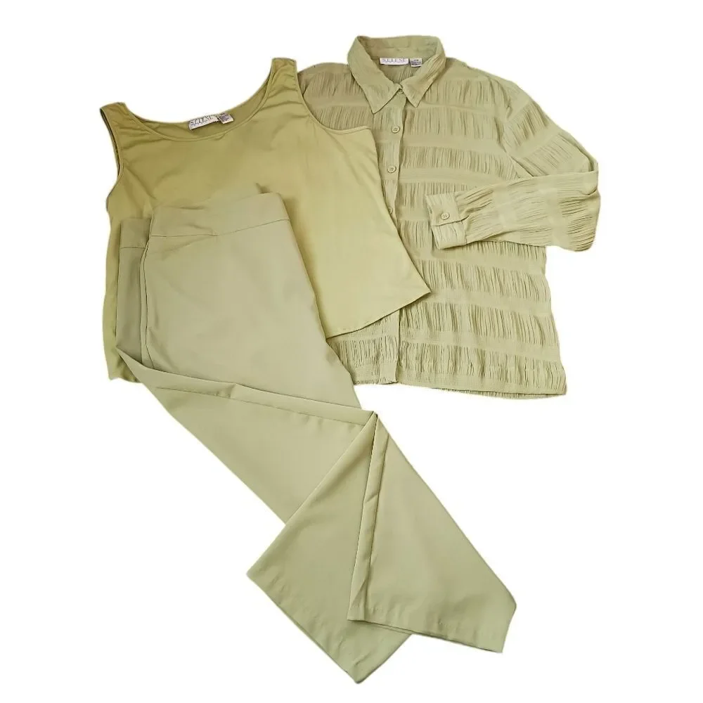 Three Piece Pant Set Lightweight Pockets Long Sleeve Gauzy Spring Green Size 24 - Picture 2 of 12